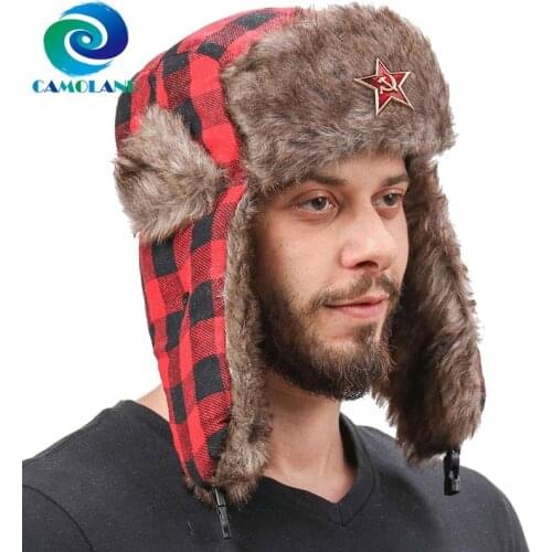 CAMOLAND Thermal Faux Fur Bomber Hats For Women Men Fashion Plaid Russia Ushanka Hat Soviet Badge Trapper Earflap Snow Caps