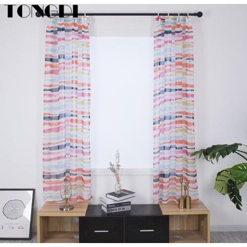TONGDI Tulle Modern Printing Curtain Elegant Digital Stripe Rainbow Transparent Decor For Home Spring Parlour LivingRoom Bedroom