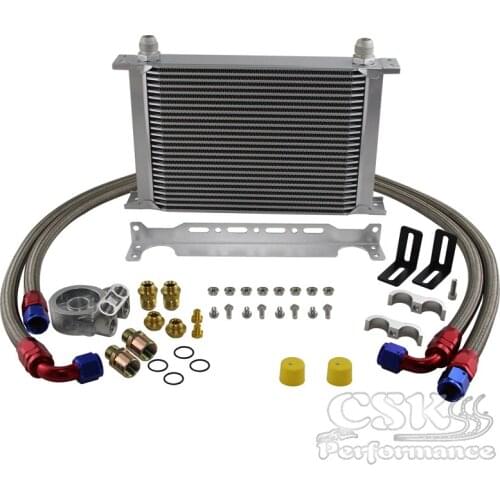 Universal 25 Row Oil Cooler+AN10 Oil Adapter w/Thermostat +Braided Hose Line Kit Silver / Black