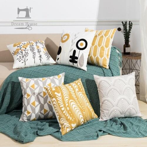 Tufted yellow jacquard cushion cover plant embroidered sofa decorative pillow cover geometry gray yellow solid pillowcase office