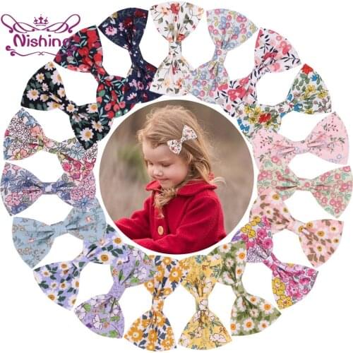 Nishine 7*4 CM Lovely Flowers Pattern Bowknot Infant Hair Clips Fashion Print Bows Bangs Hairpin Kids Headwear Photography Props