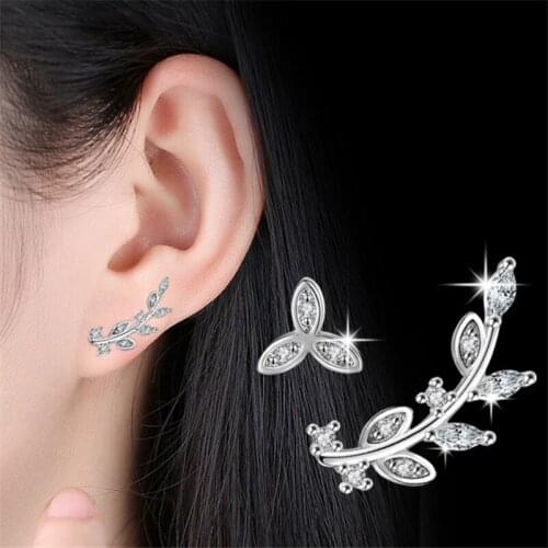 1 Pair Womens Girls Cute Fresh Small Leaves Branches Inlaid AAA Zircon Asymmetry Ear Stud Earrings Fashion Jewelry E0619