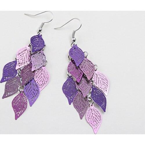 8Seasons Women Copper Filigree Leaves Earring Colorful Leaf Tassel Bohemian Dorp Earrings Long Dangle Earring For Girls Fashion