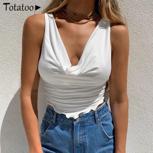 Totatoop Office Lady Elegant V Neck Sleeveless White Tank Top 2021 Summer Sleeveless Ruched Bodycon Crop Top Ruffles Vest