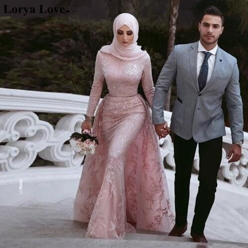 Pink Muslim Lace Appliques Mermaid Evening Dresses 2020 Women Party Night Sequin Robe De Soiree Arabia Vestidos Long Prom Dress
