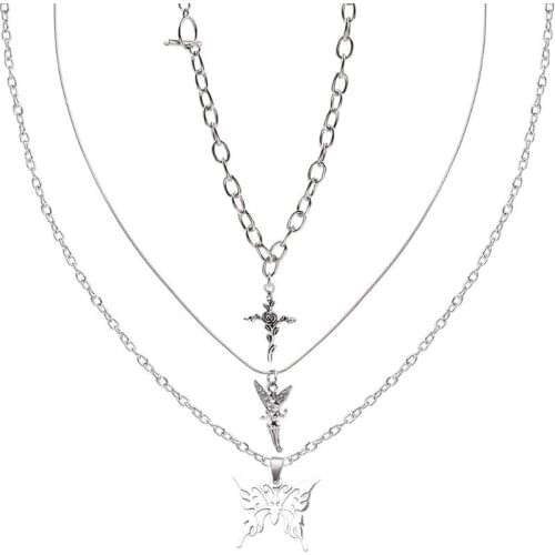 3Pcs Vinatge Silver Butterfly Rose Cross Fairy with Angel Pendant Necklace R7RF