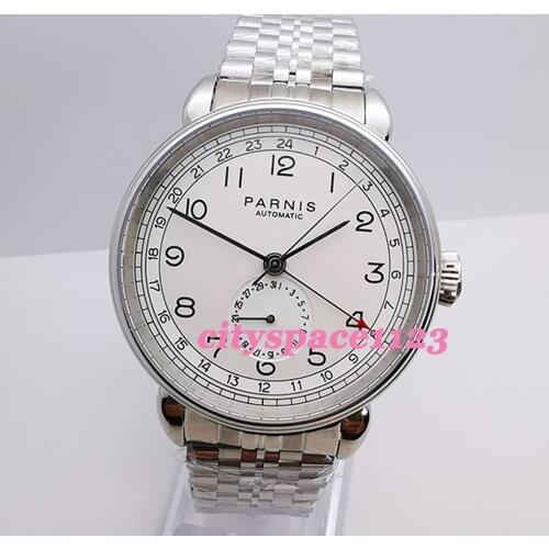 42mm Parnis Stainless Steel Case White Dial GMT Business Automatic Mens Watch
