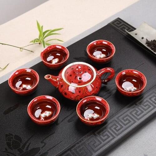 7pcs Jun Kiln Tea Set Ceramic Teapot Porcelain Tea Cups of Chinese Kungfu Tea Ceremony Tea Pot,nice gift collection