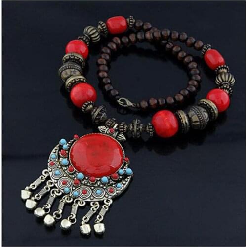 Bohemia Necklace Ethnic Bell Tassel Pendant Necklace For Women Necklaces & Pendants Jewelry Blue Red Stone Beads Necklace O179