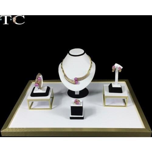 Stainless Steel Jewelry Display Showcases White PU Leather Necklace Ring Holder Jewellery Display Stand Black Velvet 52*38*26cm