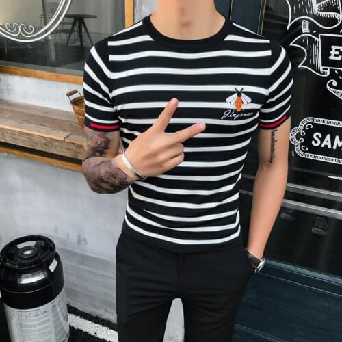 Stripe Round Knitting Neck Tee Shirt Homme Camiseta Masculina Summer Top Streetwear Social Club Outfits Slim Fit T Shirt Men