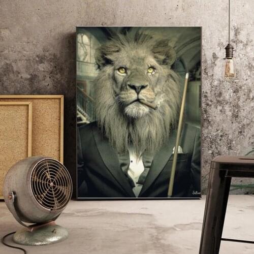 Lion In A Suitart Canvas Print Painting Billiard Cue Gentleman Animal Wall Pictures Living Room Home Decoration Posters No Frame