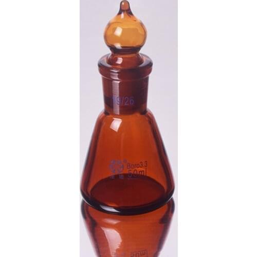 Brown conical flask with standard ground-in glass stopper,Capacity 50ml,joint 19/26,Erlenmeyer flask with standard ground mouth