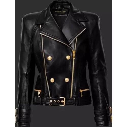 2019 Hot Sale Jacket Bomber Haute Couture Leather Cool Crisp Lapel Super Heavy Double Zippers Buckle Imported Water-washed Coat