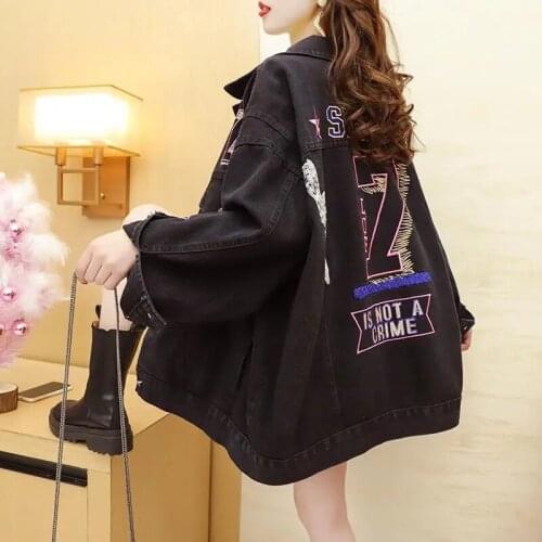 Letter Embroidery Loose denim jacket Women Casual Full sleeve turndown collar Oversize Jean Coat Spring Street Fashion outerwear
