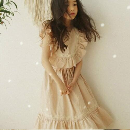 Summer Gilrs Beige Dress Sleeveless Ruffles Long Cotton Dresses for 6 8 10 12 13 14 years old