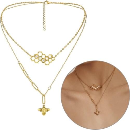 Fashion Double Layers Necklace Clavicle Chain Honeycomb Bee Pearl Pendant Multi Layers Choker Women Girls Party Jewery Gifts#22