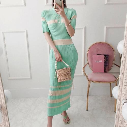 Fashion Korean Casual Short Sleeve Turn-down Collar Midi Party Dress Ladies Elegant Robe Elastic Stripe Bodycon knitting Dress