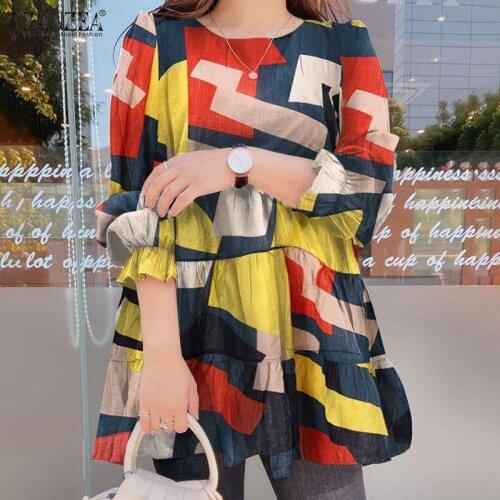 Plus Size Fashion Casual Baggy Blouses ZANZEA Geometric Print Top 2021 Autumn Puff Sleeve Pullover Womens Elegant Ruffle Blusas