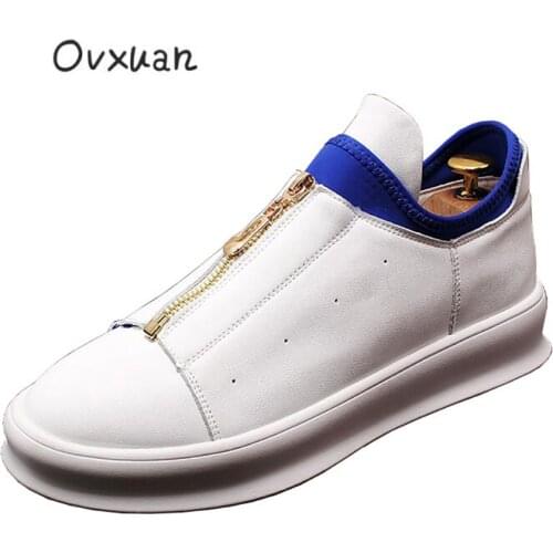 OVXUAN Blue White Sneakers Men Thick Bottom Platform Zipper Ankle Boots Mens Casual Shoes Slip on Hip Hop Moccasins Men Flats