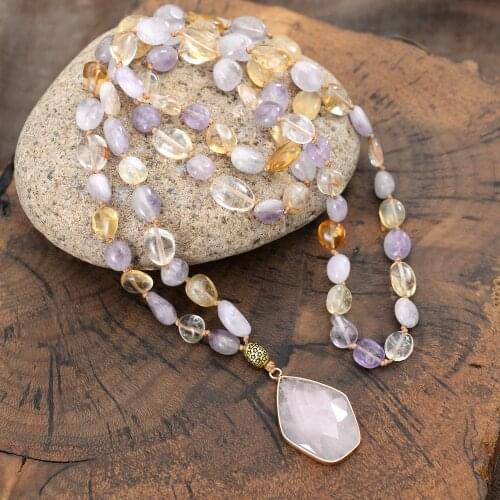 Natural Stones Shield Antique Golden Full Star Tube Beads Long Pendant Necklace