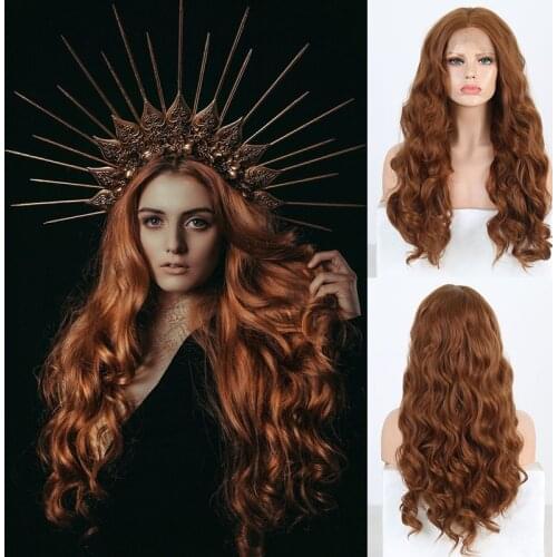 AIMEYA Brown Long Body Wave Middle Part Synthetic Lace Front Wig for Women Half Hand Tied Glueless Hair Natural Lace Wigs Blonde