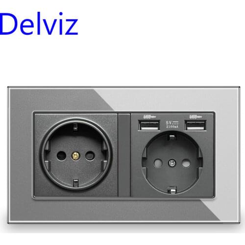 Delviz EU Standard USB socket, 5V 2A Quality USB charging hole, Gray acrylic Crystal Panel,110~250V 16A Power Wall Double Outlet