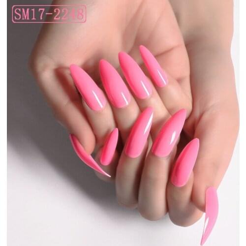 Extra long pointed oval fake nails slim art salon nail crystal diamond nail deep pink