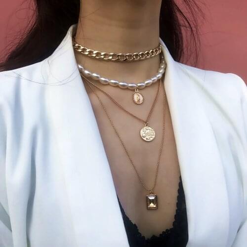 Vintage Pearl Crystal Necklace Coin Embossed Pendant Female Fashion Necklace Jewelry