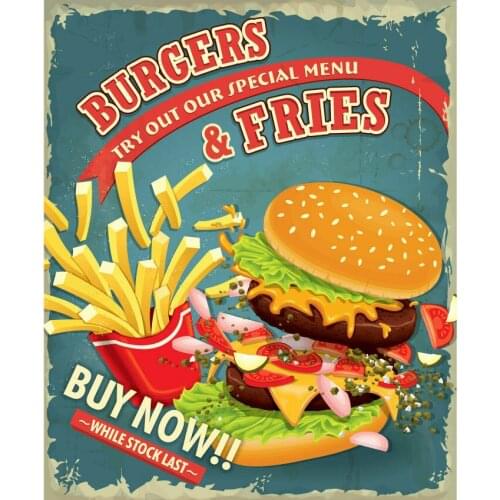 BURGERS & FRIES VINTAGE RETRO METAL TIN SIGN POSTER WALL PLAQUE