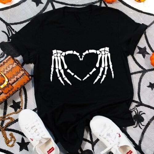Women Hipster Graphic Tee Shirt Top Skeleton Hands Heart T-shirt Spooky Autumn Halloween Holidays Tshirt Gothic