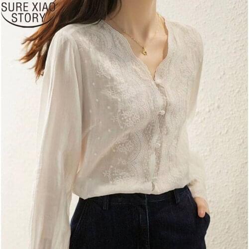 Sweet Long Sleeve Linen Clothes French White Blouse Women Floral Embroidery Shirt Fashion V Neck Autumn Loose Elegant Tops 16108