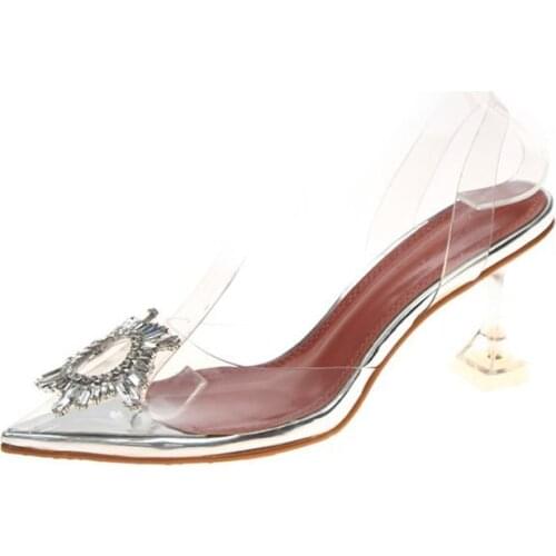 Women Transparent Crystal High Heels Sandals Summer Designer Metal Pointed Toe PVC Wedding Party Sexy Shoes Size 34-43