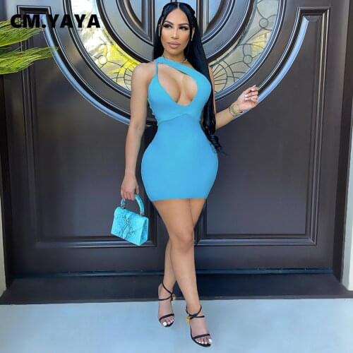 CM.YAYA Women Mini Dress Solid One Shoulder Sleeveless Cut Out Stretchy Bodycon Skinny Dresses Sexy Fashion Outfit Summer 2021