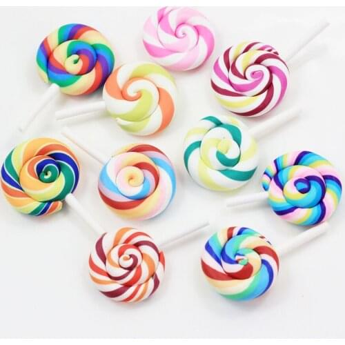 10/20pcs Lovely Rainbow Polymer Clay Lollipop Cabochons Colorful Swirl Candy Lollipop Dessert Sweets Flatback Rainbow Swirl Loll