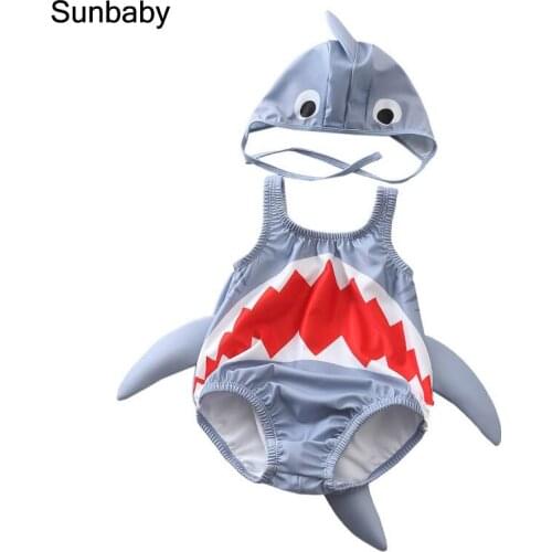 SUNbaby baby swimwear cute shark cartoon 2pcs Sleeveless swimwear kids One Pieces for 0-3 year S0303