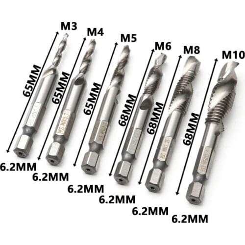 6PC 1/4'' Hex M3/M4/M5/M8/M6/M10 High Speed Steel Thread Spiral Screw Drill Bits Hex Shank Thread Taps Woodworking Tools