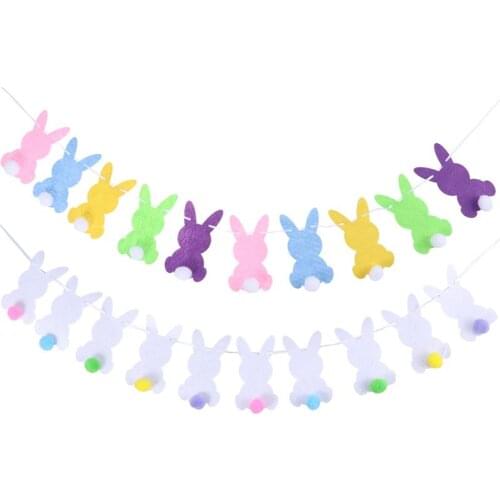 2 Sets Rabbit Pompon Banner Rabbit Shape Easter Banner Felt Flag Decorative Garland Bunting for Easter Party Decorations