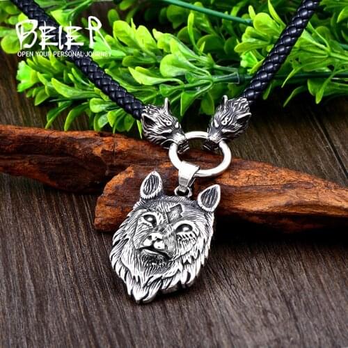 Beier 316L stainless steel Men Wolf head norse viking amulet thor hammer pendant necklace viking leather chain for men jewery