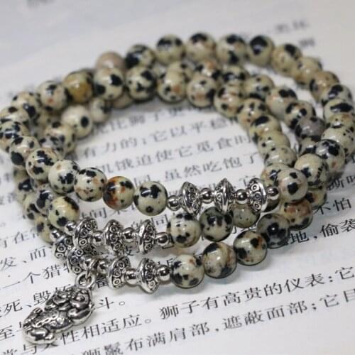 Free shipping antique natural dalmation stone multilayer long chain bracelets 6mm round beads elastic strand jewelry B2232