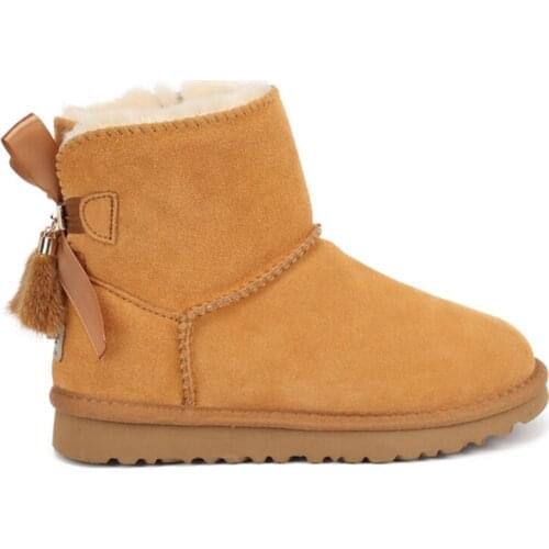 New Fashion Pendant Genuine leather fur lined Boys Girls bowknots pendant ankle snow boots for children winter shoes red boots