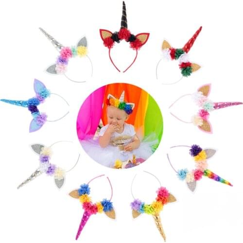 Yundfly Kids Baby Party Gold/Silver Unicorn Horn Headband Mini Chiffon Flower Girls Hairband Headwear Birthday Gift
