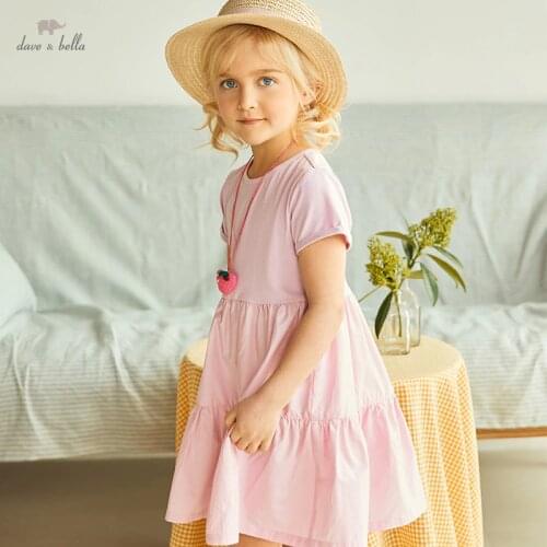 DKH17016 dave bella summer girls 5Y-13Y fashion cartoon solid draped dress children sweet dress kids infant lolita clothes