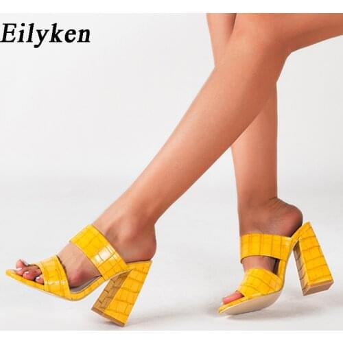 Eilyken Summer Women Mules Yellow Slippers Sexy Open Toe Thick Block Heels 11CM Fashion Serpentine Leather Ladies Shoes Sandals