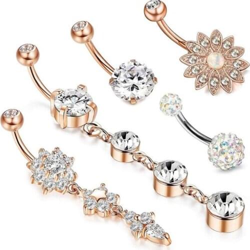 Hot selling 5 pcs/set stainless steel zircon navel ring soft ceramic ball aubao zircon combination