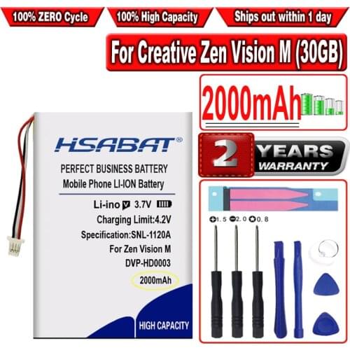 HSABAT 2000mAh Battery for Creative Zen Vision M Speaker BA20603R79914 DVP-HD0003