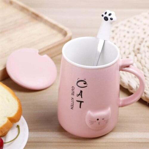 Ceramic Cute Cat Coffee Mug Office Water Drinking Cup Milk Cups and Mugs With Lids and Spoon White Black Pink Blue Mug For Home