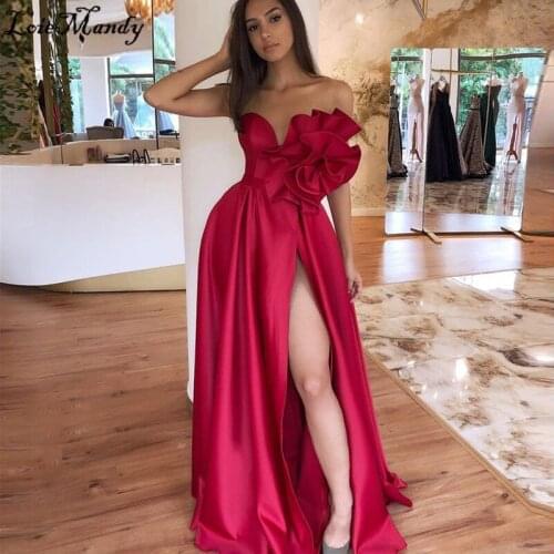 Mbcullyd Red Satin Side Split Prom Dresses Long 2019 Formal A Line Evening Dress For Women Plus Size Ladies Vestidos De Gala