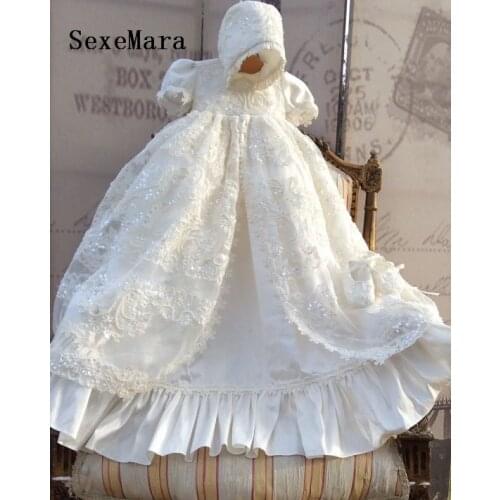 Lolita Christening Gown Lace Sequins Baby Infant Toddler Girls Baptism Dresses With bonnet White Ivory