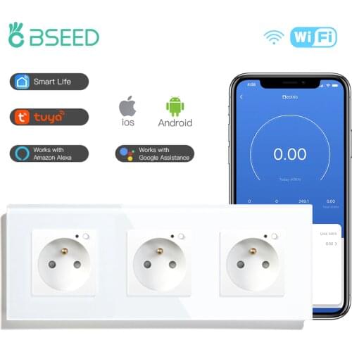 BSEED Triple Socket Wifi Type France Standard Wall Socket 16A White Black Gloden Crystal Glass Panel Work With Tuya Google
